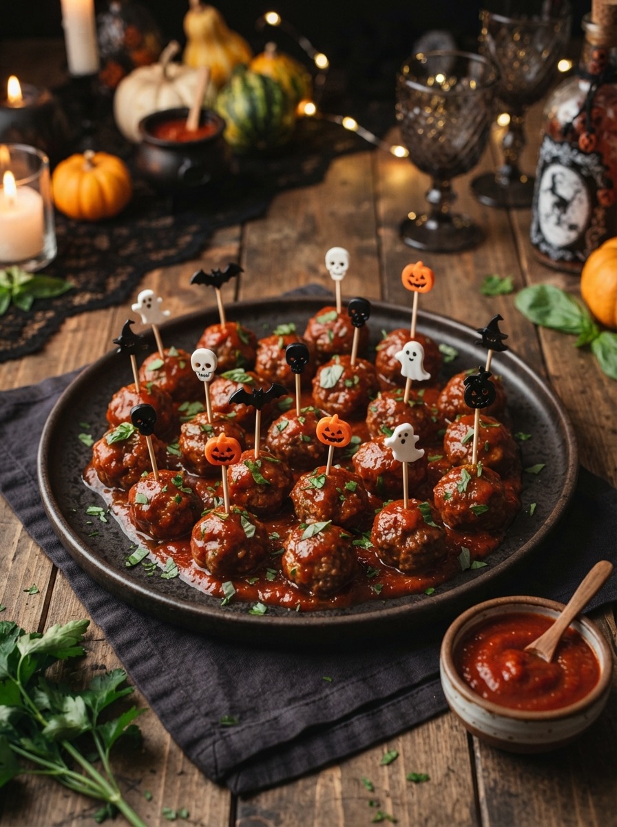 Small meatballs on a stick, topped with marinara and mozzarella, resembling little skulls.